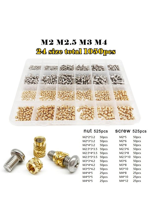 Michastu-M2m2.5m3m4 1050pcs Brass Copper Embed Insert Nut Screw Kit Set M1.4m1.6 M2 M2.5 M3 M4 M5 M6 For Heat 1