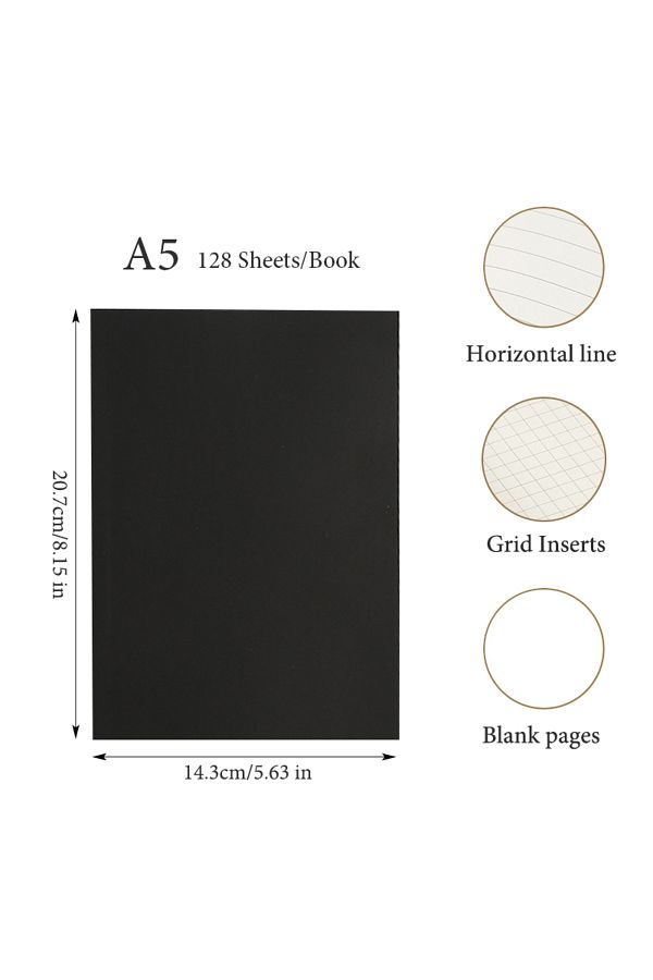 Choice-Grid Inside A5 Black Cover A5/B5 Notebook,128 Sheets/256 Pages/Book,Blank,Horizontal Line and Grid P 1