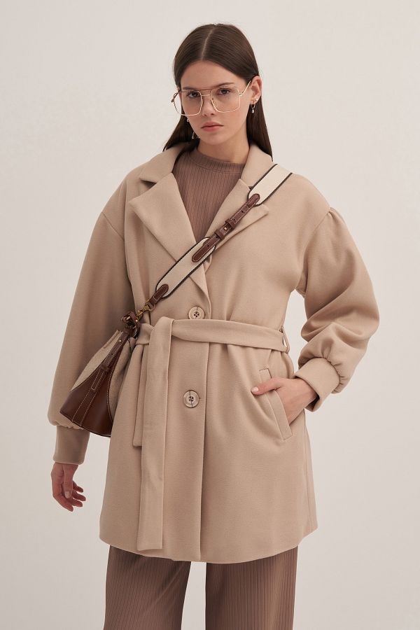EBU Prive-Beige Women's Balloon Sleeve Cashmere Coat 1