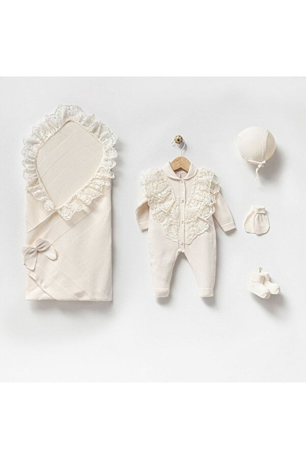 Nipperland Kız Bebek Yenidoğan 0-3 Ay V Yaka Organik Dantelli Hastane Çıkışı 5'li Set Krem Renk
