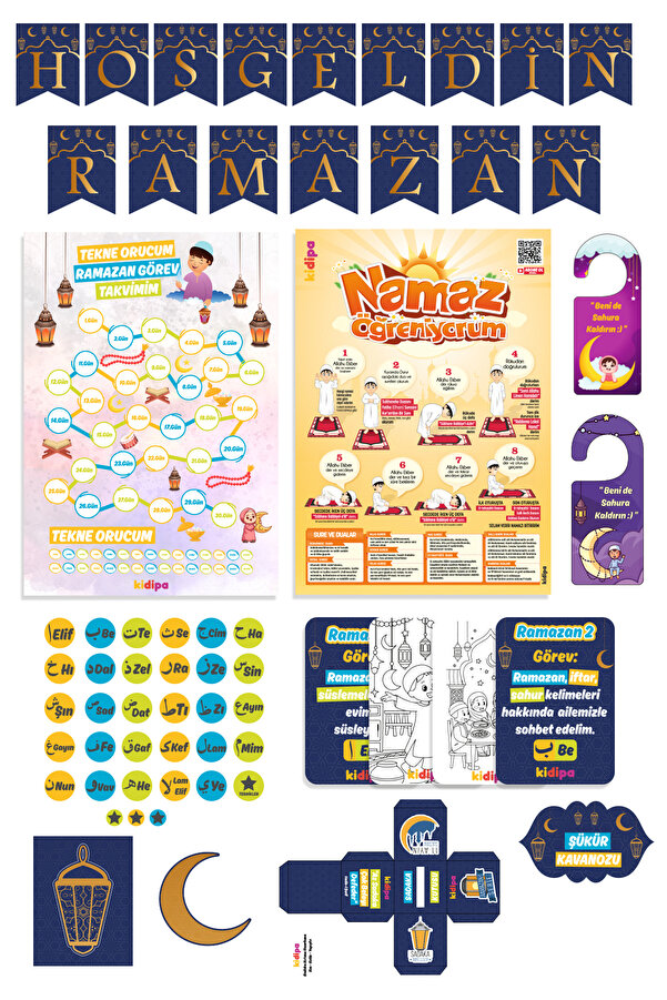 Kidipa | Çocuklar İçin Ramazan Seti - Oruç Takip Afişi, Namaz, Görev Kartları, Sticker ve Süsler