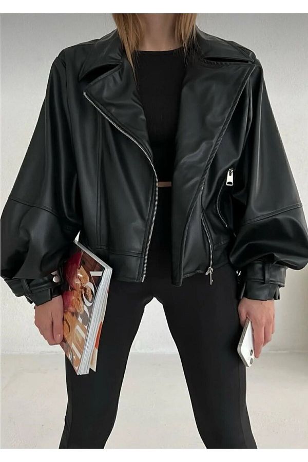 mypagebutik-Schwarze Lederjacke mit Ballonärmeln 1