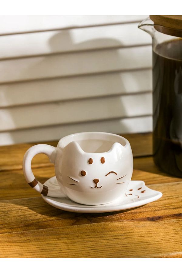LC Waikiki-Lcw Home Ecru Cat Porcelain Cup - 140 ml t t Figured 1
