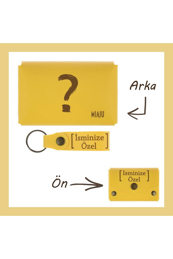 Asortishey-Yellow Color, Custom Your Name Question Mark Pattern Wallet and Keychain Set, Personal Gift Set 1