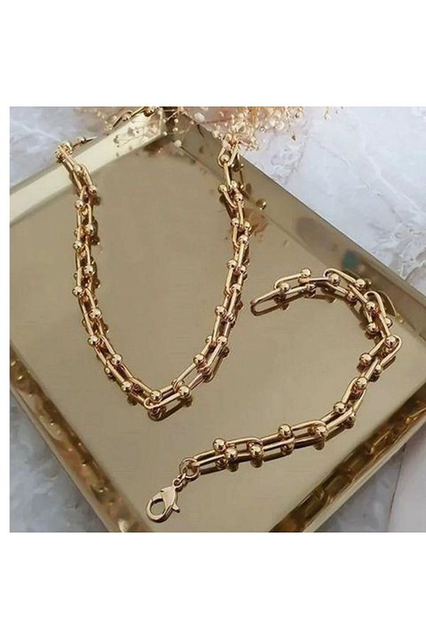 ETERNAL-2-Piece Gold Plated Luxury Blanca Model Thick Chain Necklace and Bracelet Set 1