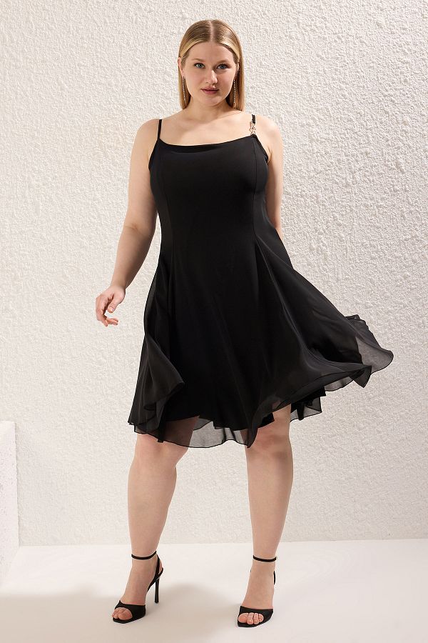 Trendyol Curve-Curea de accesorii din șifon negru Mini țesut rochie de mărime mare TBBSS25AH00051 1
