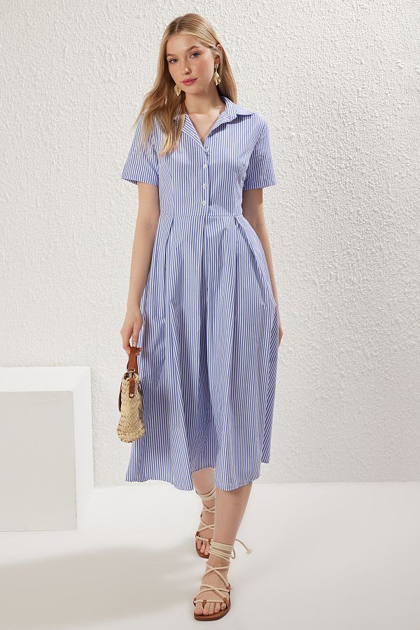 Trendyol Collection-РОКЛЯ Etem Around Ariten Half Placket Midi Kaftan със синя ивица 1