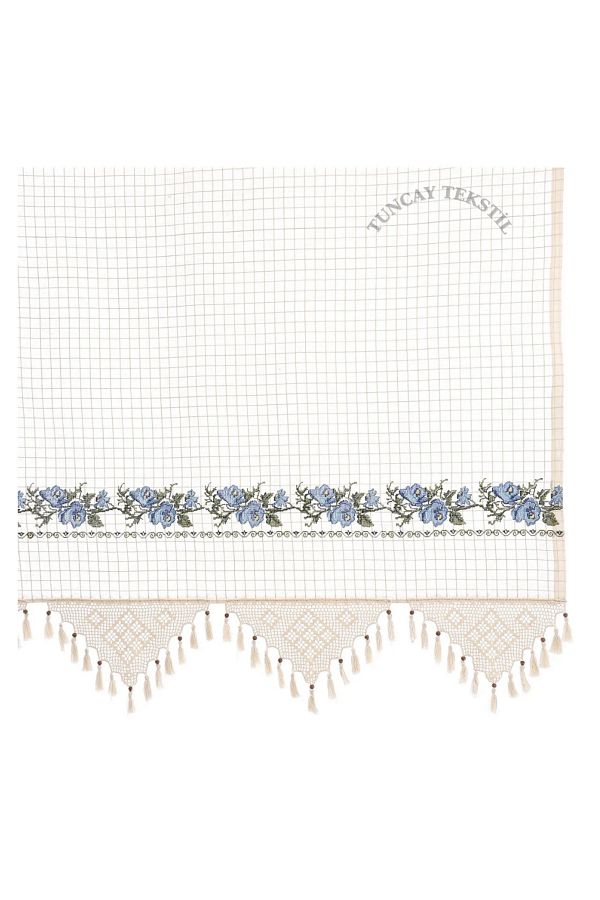 TUNCAY TEKSTİL-Blue Cross Stitched Linen Handcrafted Lace Cotton Woven Cross Stitch Background Sunshade Curtain Buldan Basement 1
