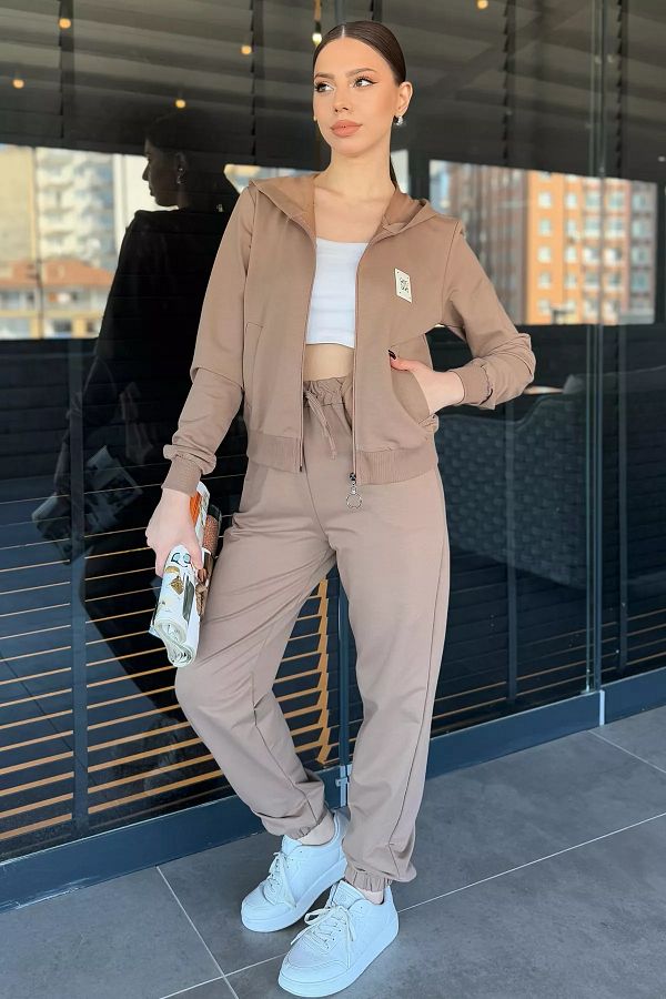 GÜLSELİ-Biscuit Women's Hooded Zippered Sweat Pants Tracksuit Set 1
