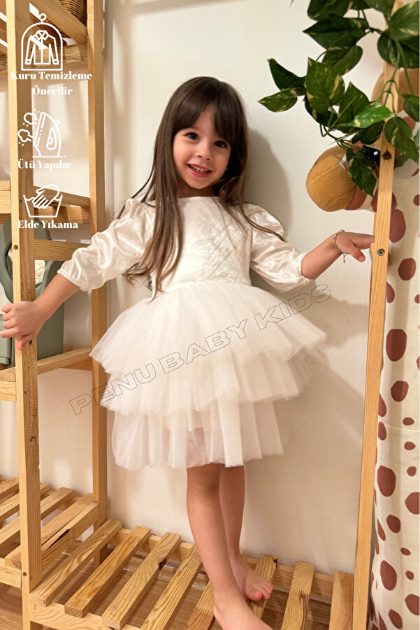 penu baby kids Ekru Kat Etekli Kadife Uzun Kollu Kız Bebek Kız Çocuk Elbise - Velvet