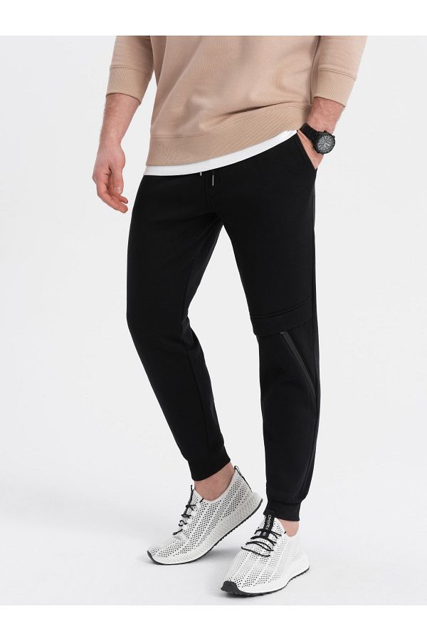OMBRE-Men's sweatpants with stitching and zipper on leg - black V1 OM-PASK-0147 XXL 1