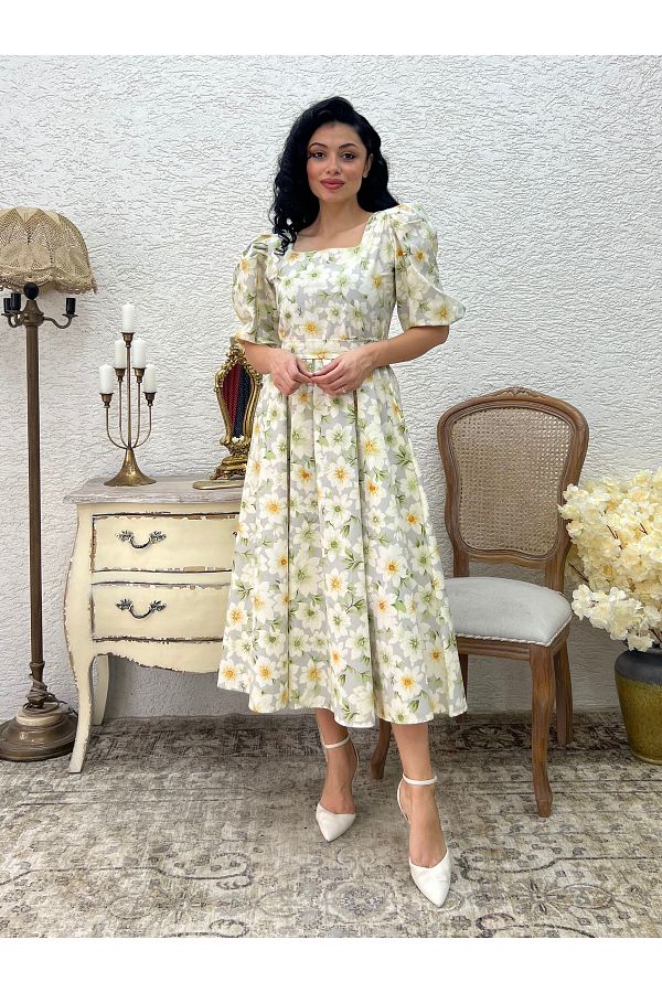 KÜÇÜĞÜM BUTİK-Rochie evazată cu guler pătrat cu flori de azalea verde 1