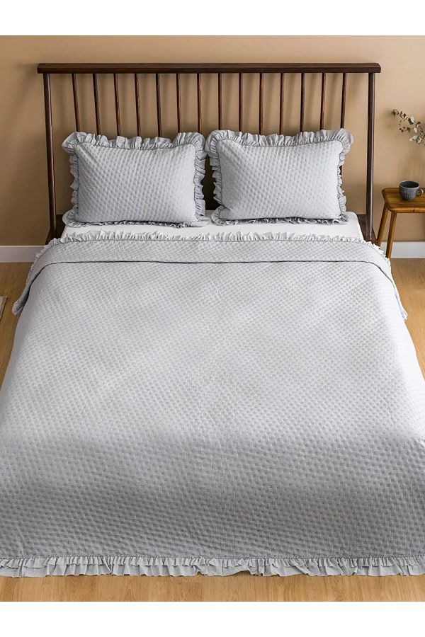 LC Waikiki-Lcw Home Grey Ruffle Detailed Double Bedspread Set 200X220 cm 1
