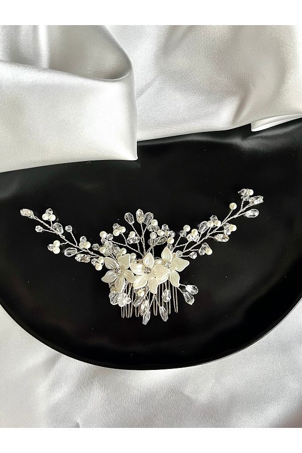 MODA-White Crystal Beaded Floral Scalloped Side Buckle Bridal Promise Henna Wedding Engagement Wedding Evening Dress Buckle 1