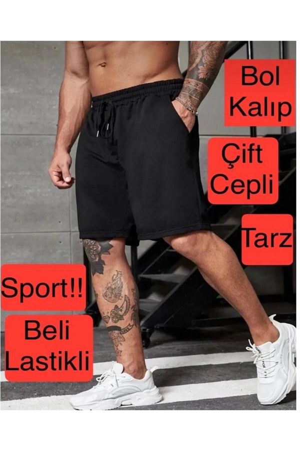 UYN SPORT-Black Color Comfortable Fit Soft Fabric Elastic Waist Summer Shorts with Pockets 1