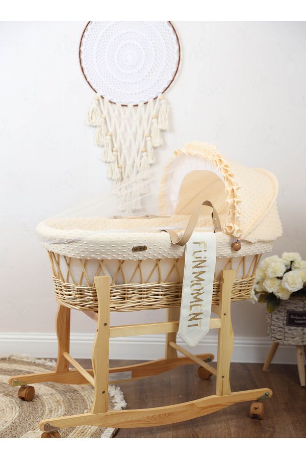 Fun Moment- Moses Basket Beige Color with Wooden Stand on Wheels 1
