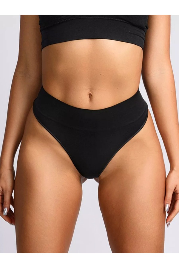 MİSTİRİK-Navelli Model Non-Marking Soft Plain Knitted Thong Model Panties Black Color 1