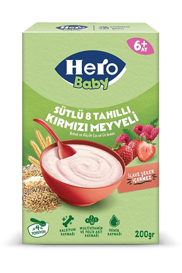 Hero Baby Sütlü Kırmızı Meyveli 8 Tahıllı Kaşık Mama 200g