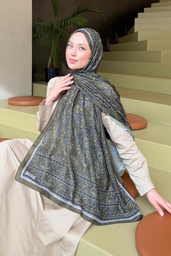 lamelif.com-Khaki Soft Shawl - Retro Patterned 1