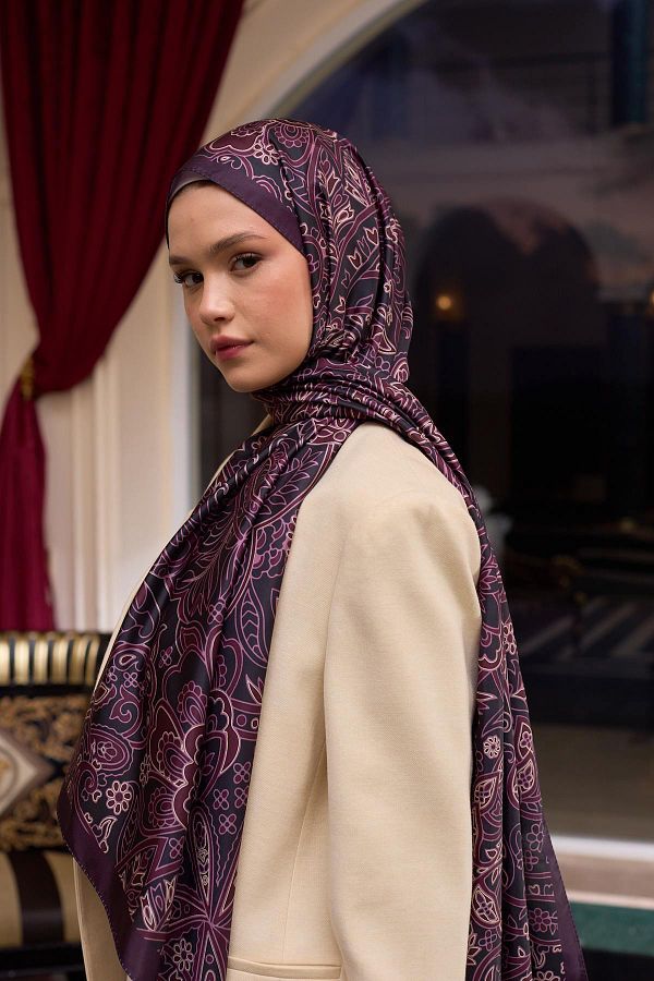 İpekhan-Plum and Silk Patterned Voile Shawl - 9803-19 1