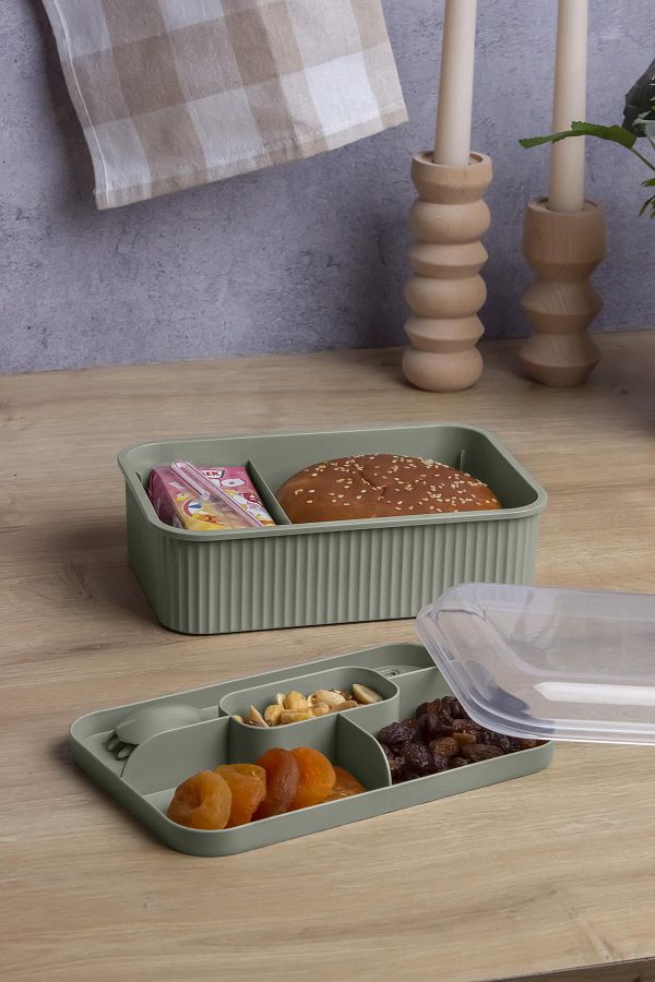 Okyanus Home-Green Striped Lunch Box 5 Compartments Lunch Box with Fork and Spoon Transparent Lid 1