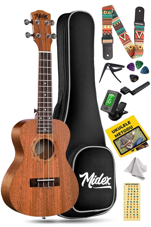 Midex-SP-21MC Set Mahogany Soprano Ukulele (Softcase Tuner Capo Method Musical Note Sticker Strap Plectrums) 1