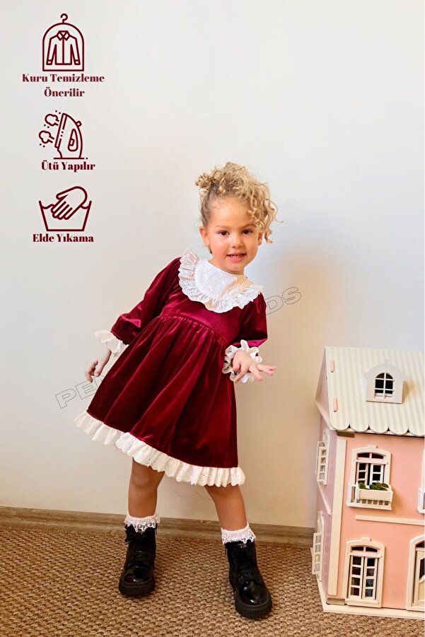 penu baby kids Bordo Kadife Yaka Etek Ve Kol Ucu Dantelli Kız Çocuk Kız Bebek Elbise-LİA