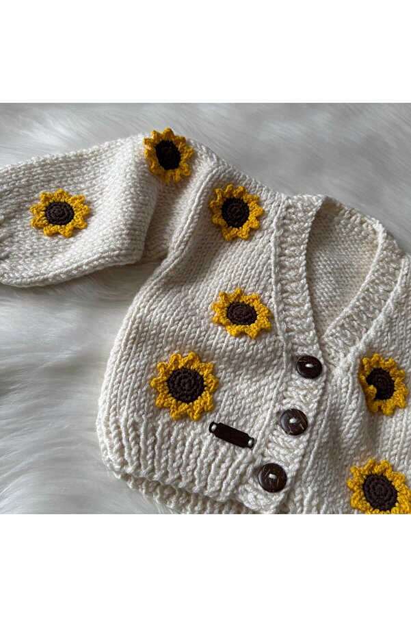 Home El Örgüsü Ayçiçek Motifli Bebek, Çocuk Crop Hırka
