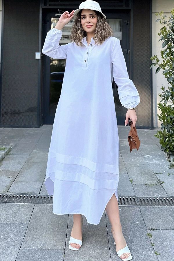 NEW LAVİVA-White Layered Fabric High Neck Long Dress - Elastic Balloon Sleeve and Skirt 1