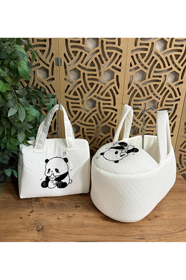 Mini Chics Erkek Bebek Bakım Anne Çantası 40×30 Bebek Taşıma Çantası 75×40 Panda Nakışlı