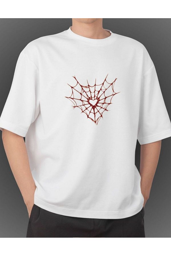 Sanctum-Spider Web Patterned Oversize Unisex Quality White Basic T-Shirt 1