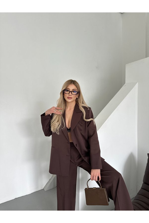 HOEK Women's Brown Button Detail Blazer Jacket Trousers Suit