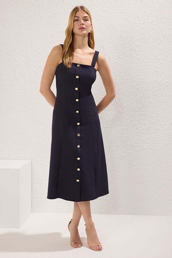 Trendyol Collection-Tmavě modré rovné midi tkané šaty do áčka Twoss25El00287 1