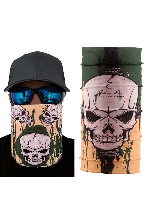 YNT İthalat-Heyf Khaki Green Lycra Skull - Printed Baf Bandana 25X48 cm 1