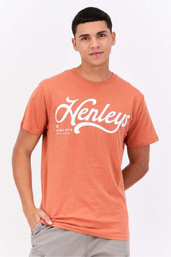 Henleys-Men Crew Neck Short Sleeves Brand Logo T-shirt, Coral 1