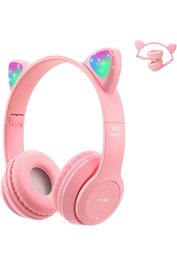 AWH-Kids Wireless Headphones, Bluetooth Over Ear with Microphone, Cat Ear LED Light, Pink 1