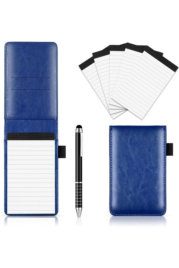 fulina-7 Pcs Small Pocket Notepad Holder Set with Pen,Mini Portable Leather Notebook for Offices,Blue 1