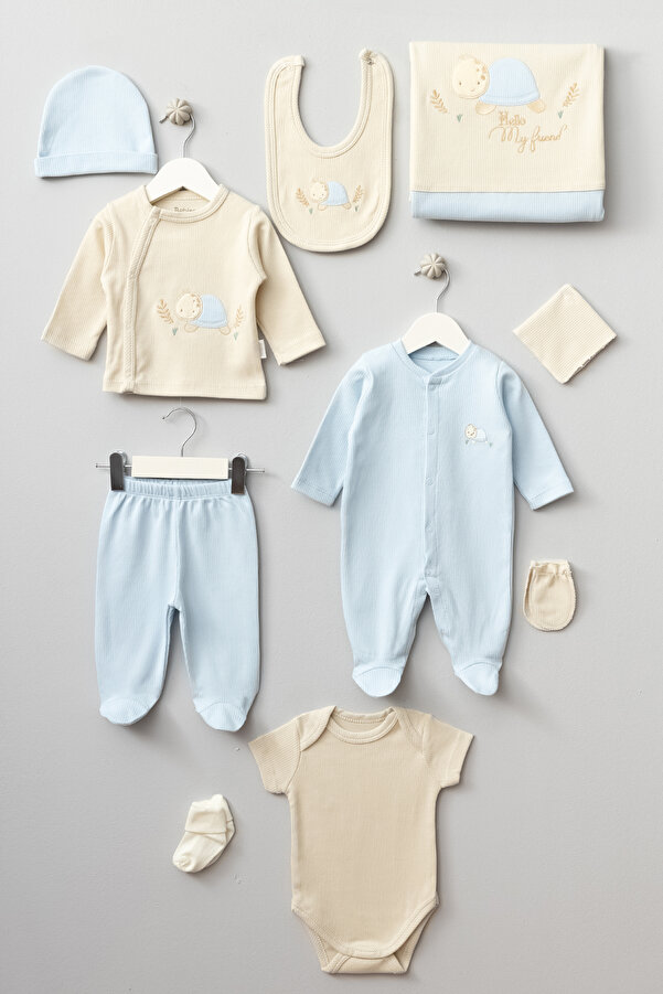 Bebitof Kaplumbağa Desenli 10 Parça Kutulu Yenidoğan Hastane Çıkısı Seti