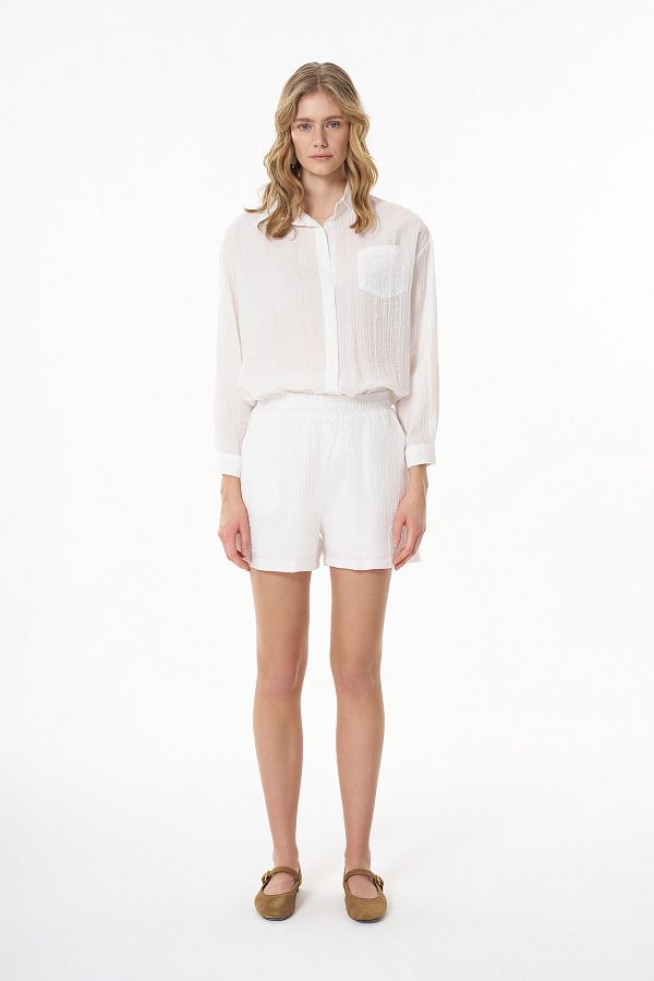 Quzu-Ecru Mini Shorts - Textured Design with Elastic Waist 1