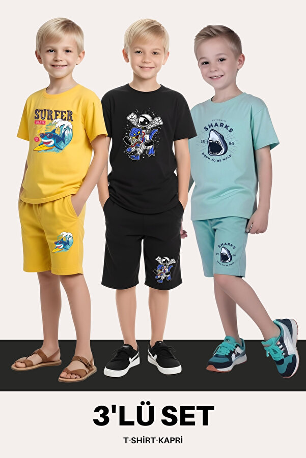 FYK KİDS ERKEK ÇOCUK 3'LÜ SET T-SHİRT-KAPRİ TAKIMLARI