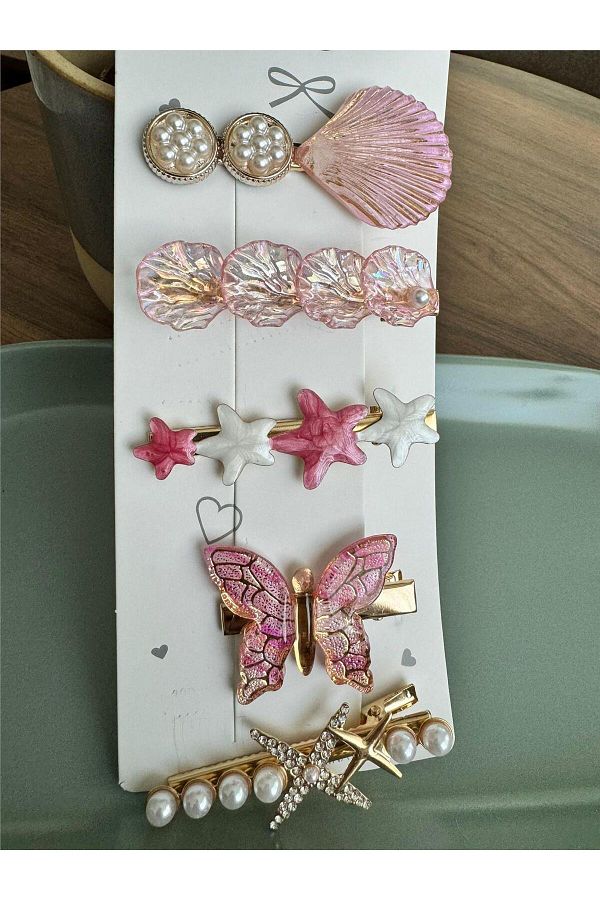 Pelin Aksesuar-Pink 5-Piece Buckle Set with Butterfly and Mussel Figures 1