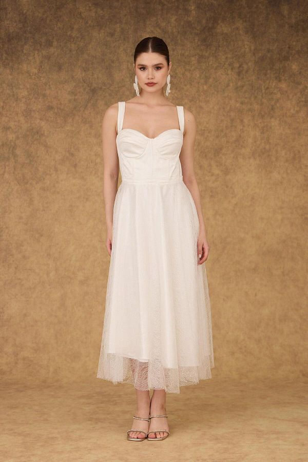 Carmen-Rochie de mireasa midi din tul cu sclipici legat la spate ecru 1