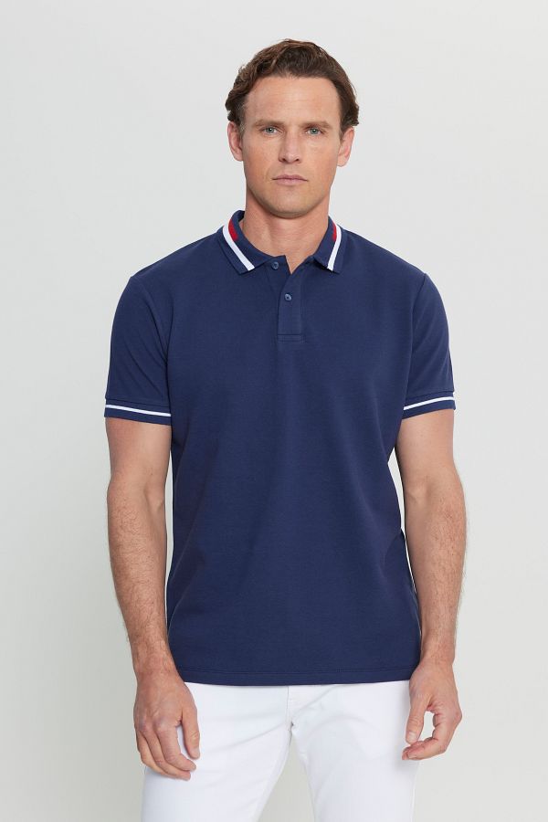 AC&Co / Altınyıldız Classics-Pánské triko polo s výstřihem ze 100% bavlny v úzkém střihu v námořnické modré Slim Fit 1