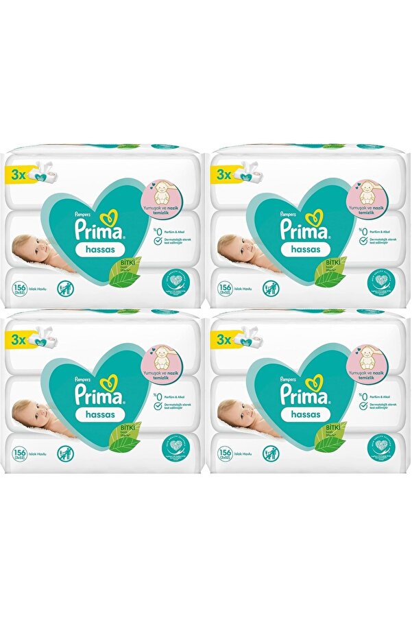 Prima Islak Havlu Mendil Hassas Ciltler İçin Bitki Bazlı Kokusuz (12 Li Set) (4PK*3) 624 Yaprak