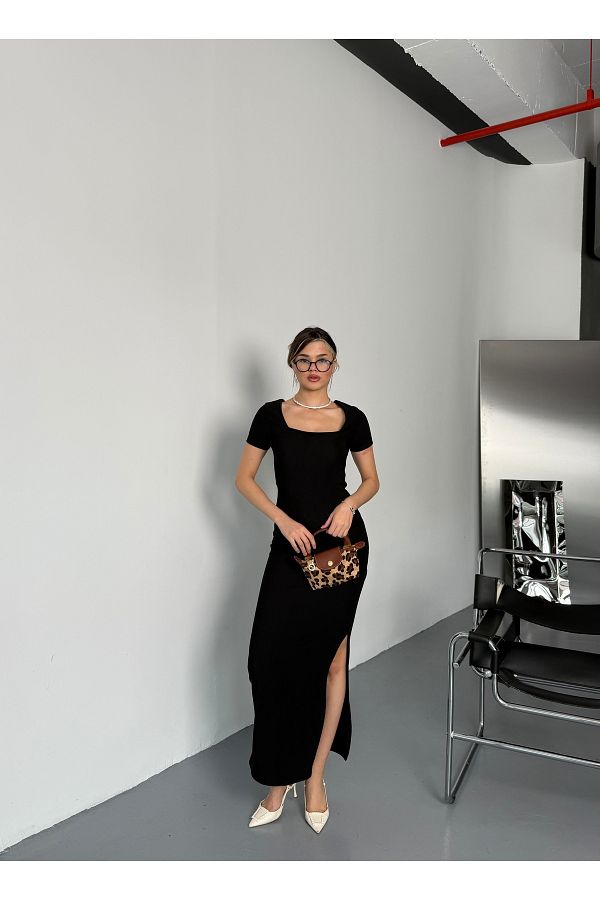 BEJNA-Schwarzes Maxikleid mit quadratischem Ausschnitt und Schlitz für Damen 1