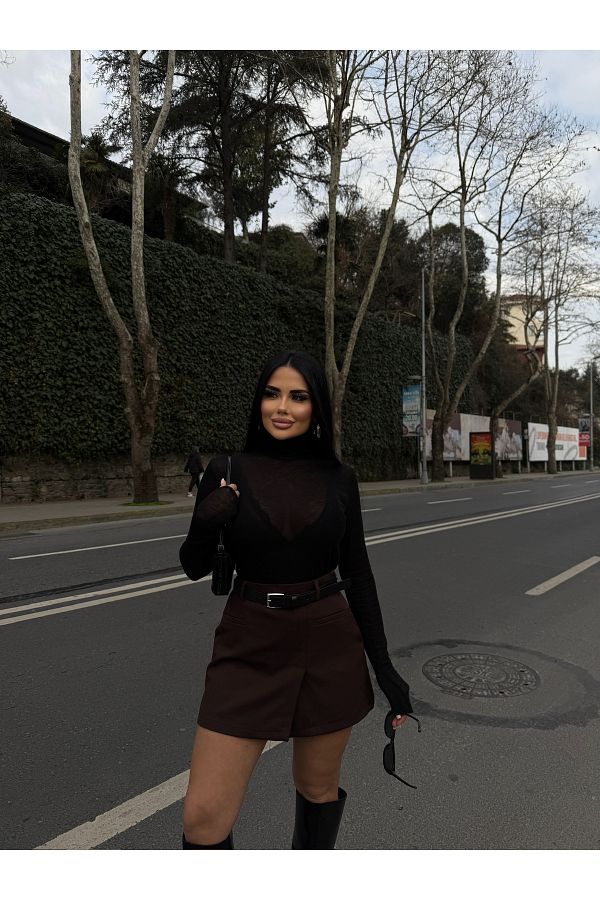 LB Laluna Butik-Women's Brown High Waist Pocket Belted Skirt with Shorts 1