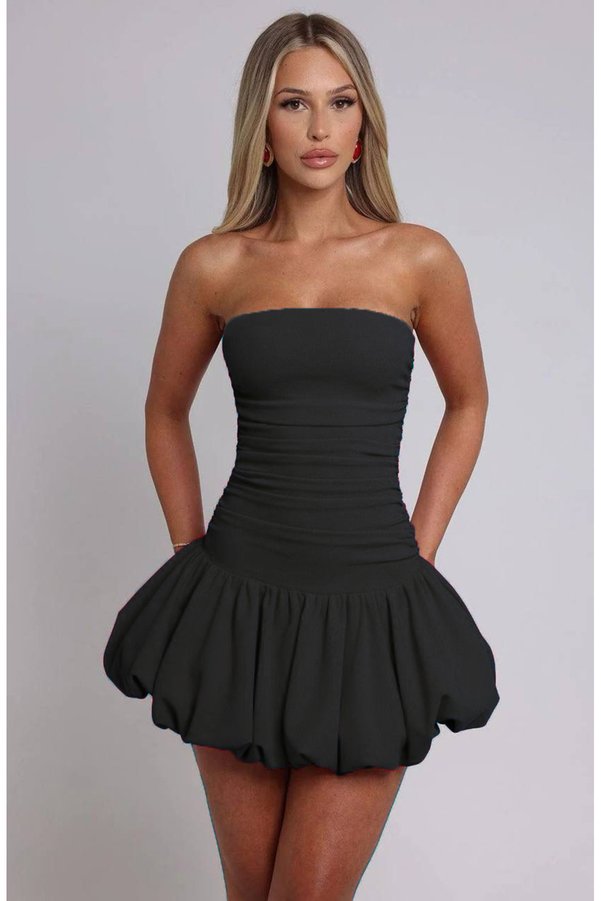 ecemore Strapless Side Drawstring Balloon Skirt Black Dress