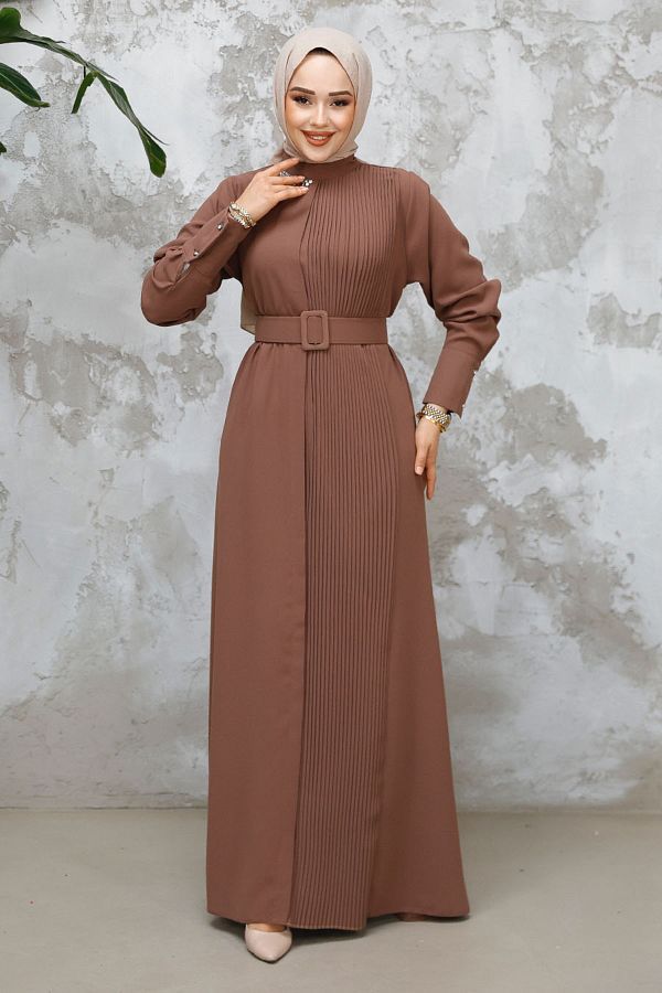 Neva Style-Dark Mink Hijab Dress with Buckle Belt 65879Kv 1