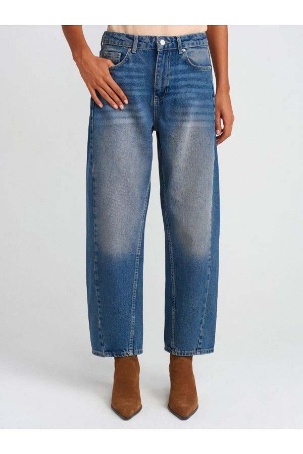 Dilvin-71729 Pantaloni de jeans cu balon cu cusături albastre 1