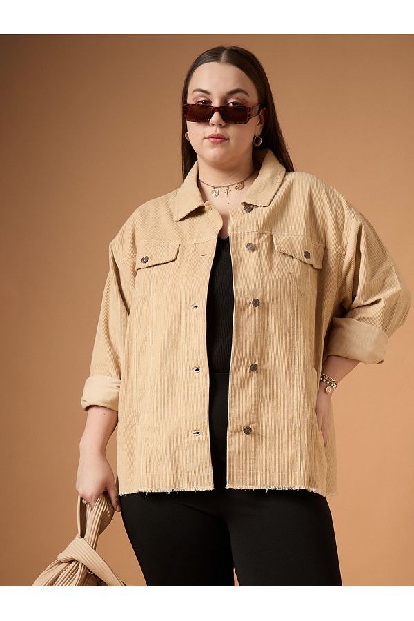 Sassafras By Styli-Plus Size Corduroy Front Button Shacket with Pocket Detail 1